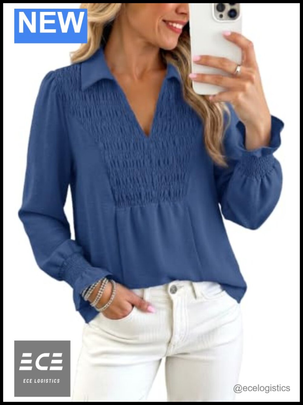 Womens Long Sleeve V Neck Shirred Smocked Blouse Loose Fit Business Casual Top